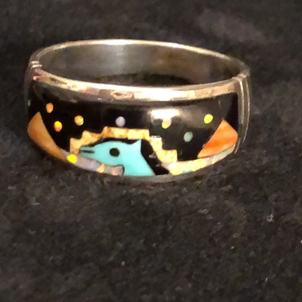 VINTAGE NATIVE AMERICAN RING Sterling Silver Opal Onyx MoonStone Tigers eye .NWT
